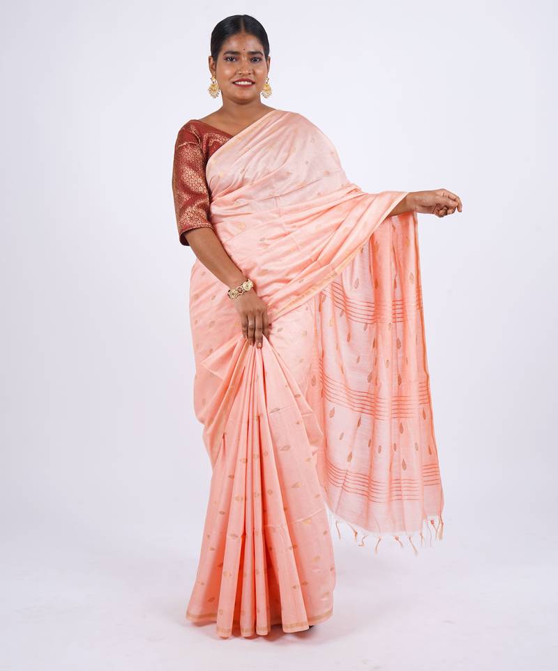 peach zari work, sequence cotton silk blend bhagalpuri ethnic saree with unstitched blouse