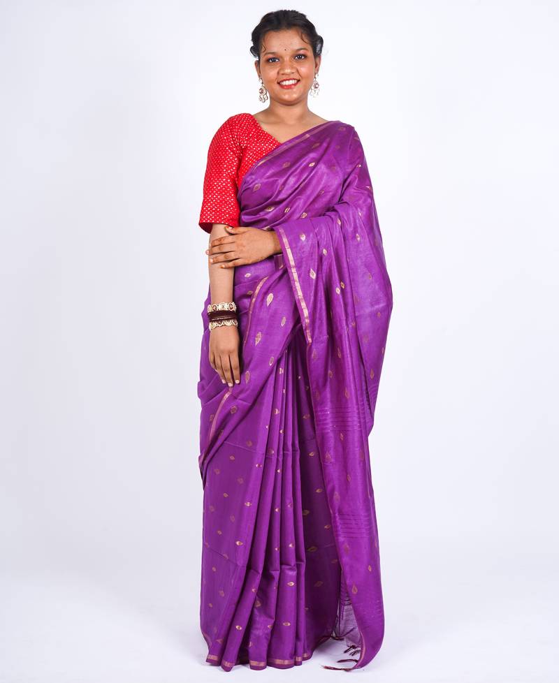purple zari work, sequence cotton silk blend bhagalpuri ethnic saree with unstitched blouse