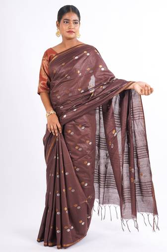 brown zari work, sequence cotton silk blend bhagalpuri ethnic saree with unstitched blouse