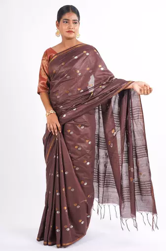 brown zari work, sequence cotton silk blend bhagalpuri ethnic saree with unstitched blouse