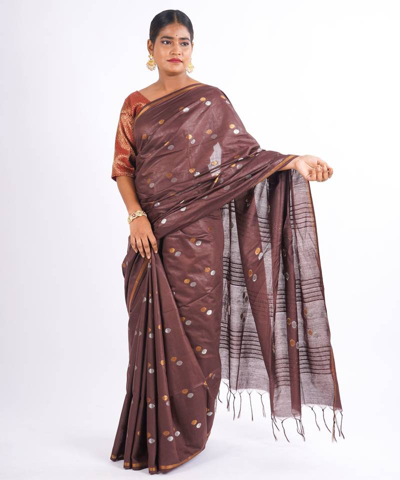 brown zari work, sequence cotton silk blend bhagalpuri ethnic saree with unstitched blouse