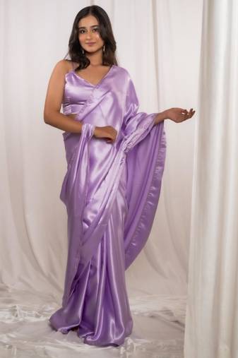 Lavender cutdana border satin embroidered saree with stitched blouse