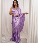 Lavender cutdana border satin embroidered saree with stitched blouse