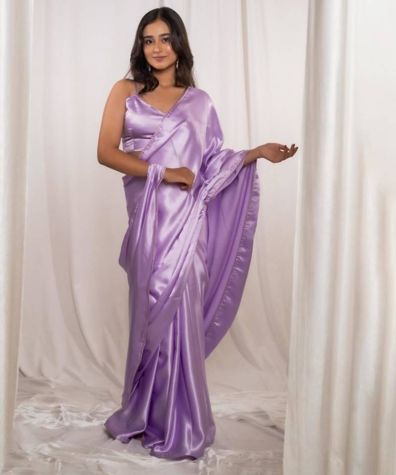 Lavender cutdana border satin embroidered saree with stitched blouse