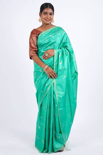 aqua green zari work, sequence cotton silk blend bhagalpuri ethnic saree with unstitched blouse