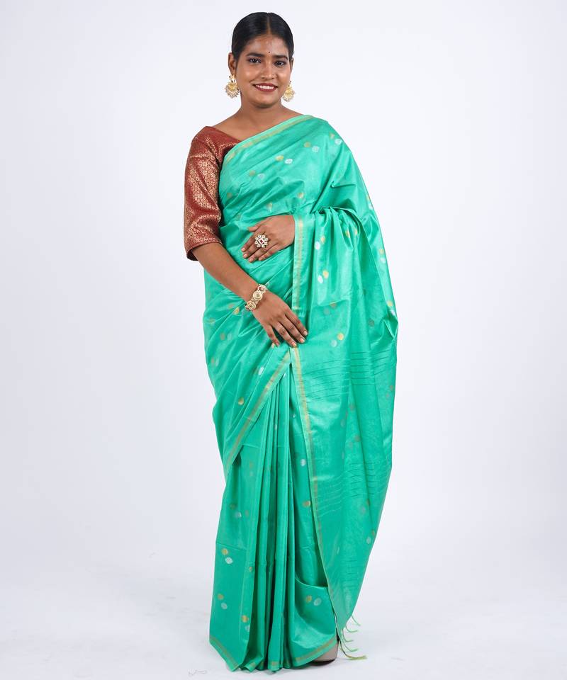 aqua green zari work, sequence cotton silk blend bhagalpuri ethnic saree with unstitched blouse