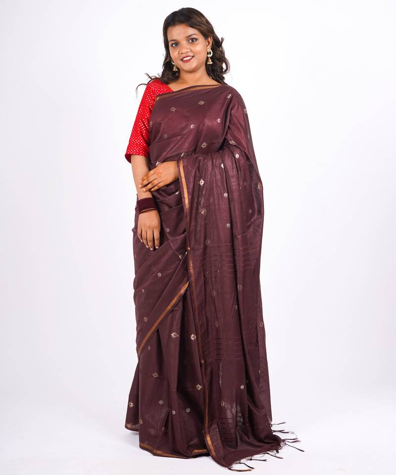 brown zari work, sequence cotton silk blend bhagalpuri ethnic saree with unstitched blouse