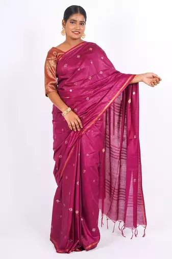 magenta zari work, sequence cotton silk blend bhagalpuri ethnic saree with unstitched blouse