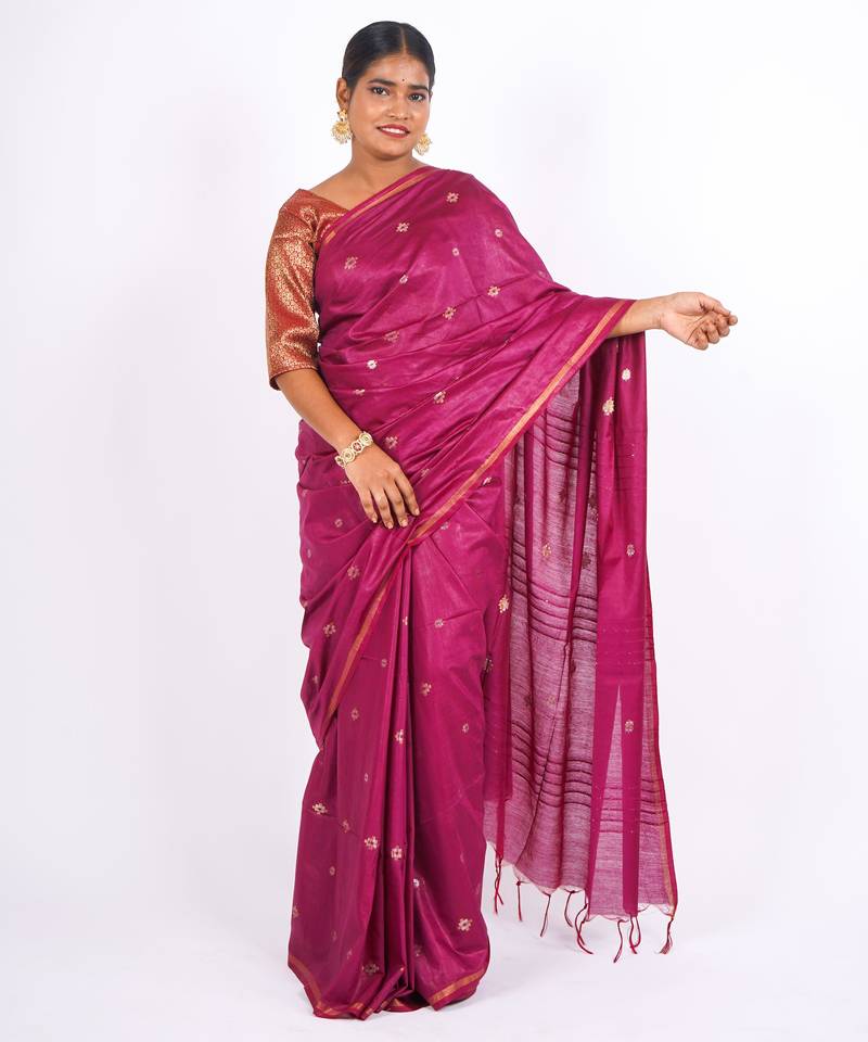 magenta zari work, sequence cotton silk blend bhagalpuri ethnic saree with unstitched blouse