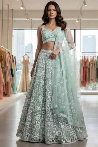  blue sequins embroidered net lehenga set choli with dupatta