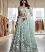  blue sequins embroidered net lehenga set choli with dupatta