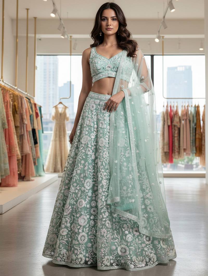 blue sequins embroidered net lehenga set choli with dupatta