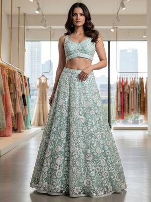  blue sequins embroidered net lehenga set choli with dupatta 2