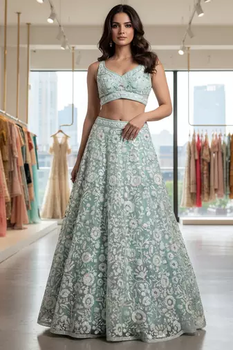  blue sequins embroidered net lehenga set choli with dupatta