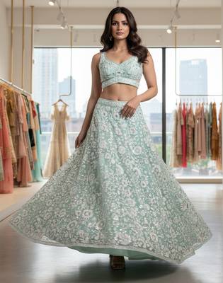  blue sequins embroidered net lehenga set choli with dupatta 3