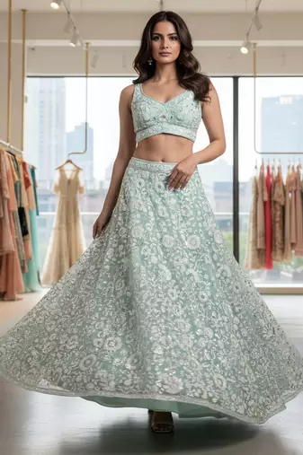  blue sequins embroidered net lehenga set choli with dupatta
