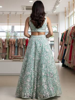  blue sequins embroidered net lehenga set choli with dupatta 4