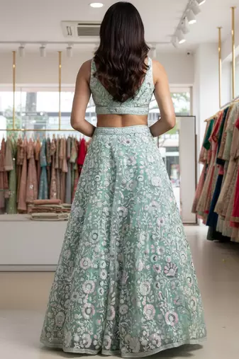  blue sequins embroidered net lehenga set choli with dupatta