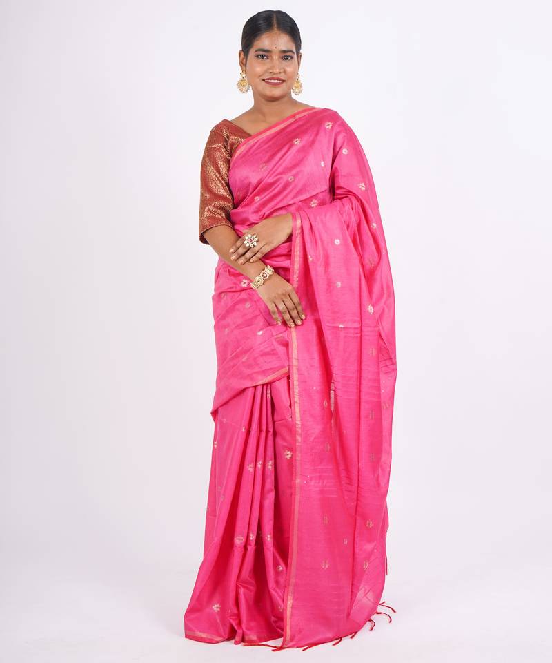 pink zari work, sequence cotton silk blend bhagalpuri ethnic saree with unstitched blouse