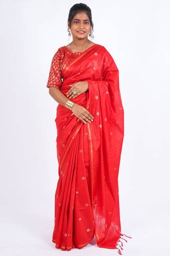 red zari work, sequence cotton silk blend bhagalpuri ethnic saree with unstitched blouse