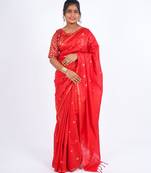 red zari work, sequence cotton silk blend bhagalpuri ethnic saree with unstitched blouse