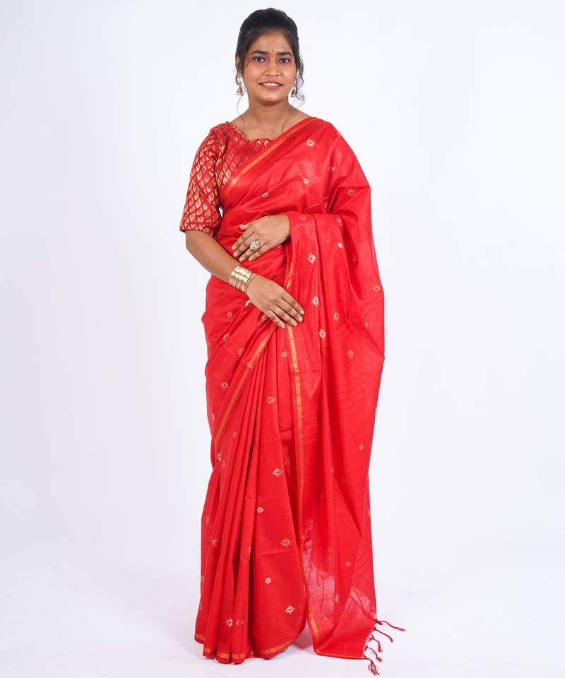 red zari work, sequence cotton silk blend bhagalpuri ethnic saree with unstitched blouse