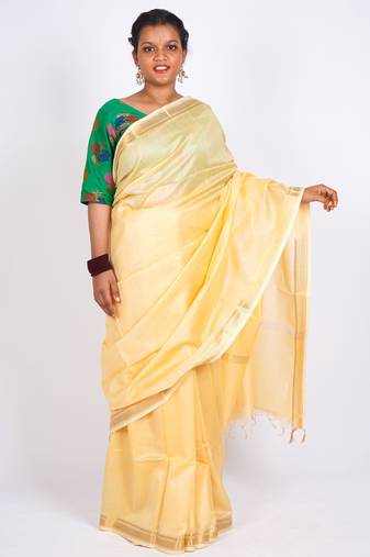 cream gold zari, maheshwari work tusser silk blend bhagalpuri ethnic saree with unstitched blouse