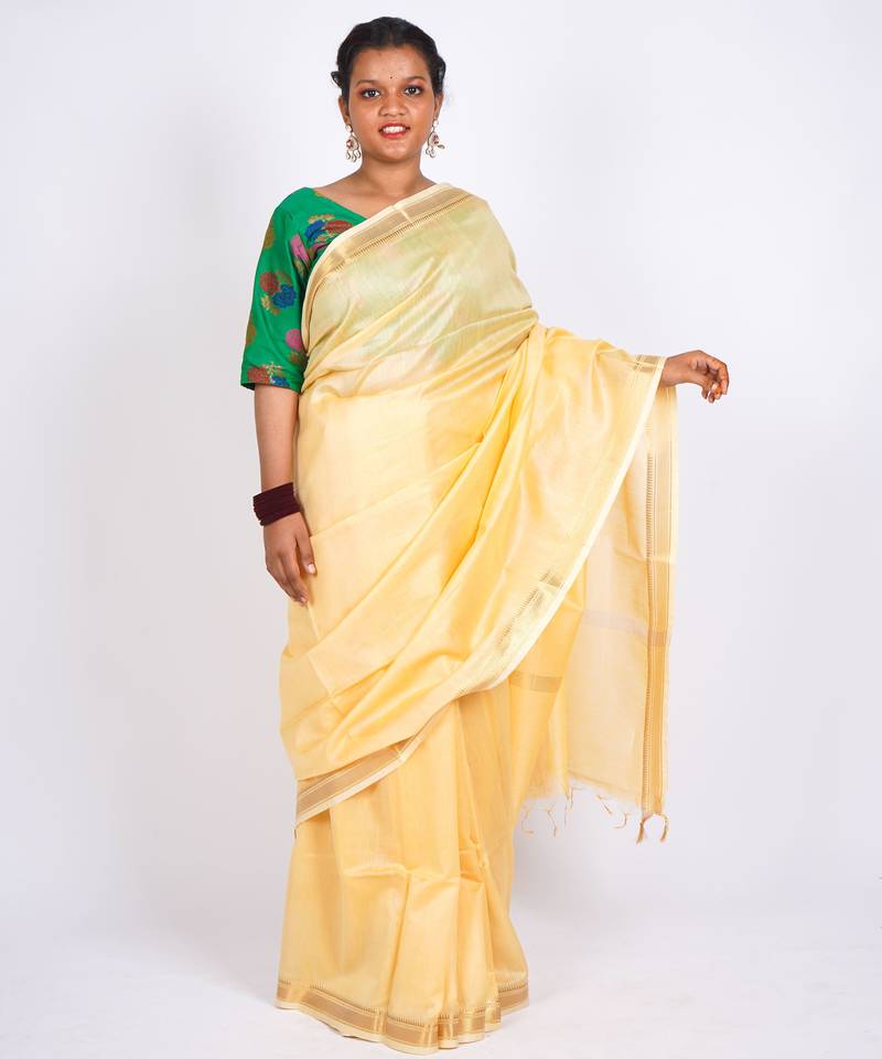 cream gold zari, maheshwari work tusser silk blend bhagalpuri ethnic saree with unstitched blouse