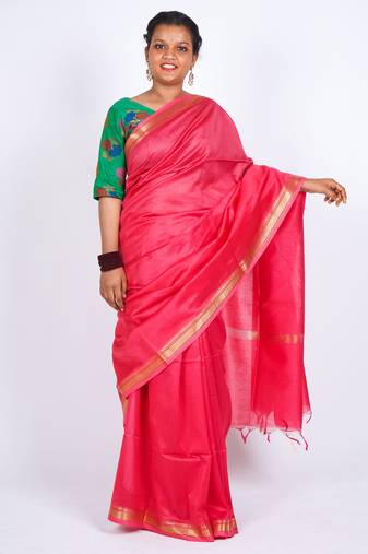 rani pink gold zari, maheshwari work tusser silk blend bhagalpuri ethnic saree with unstitched blouse
