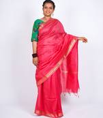 rani pink gold zari, maheshwari work tusser silk blend bhagalpuri ethnic saree with unstitched blouse