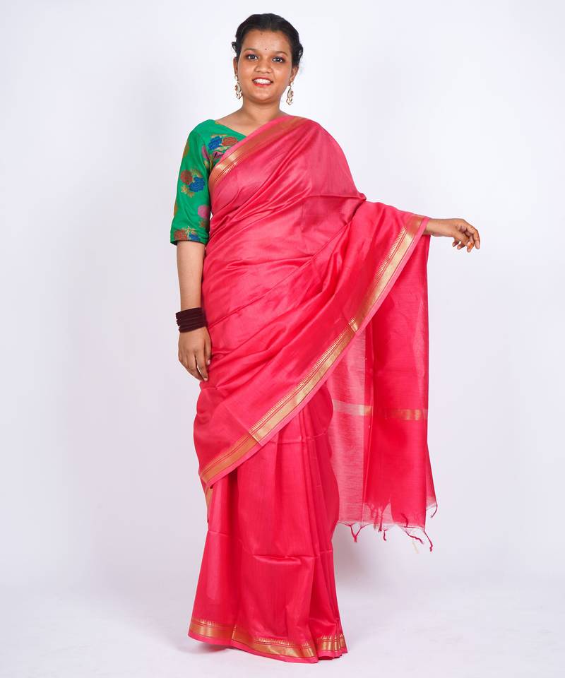 rani pink gold zari, maheshwari work tusser silk blend bhagalpuri ethnic saree with unstitched blouse