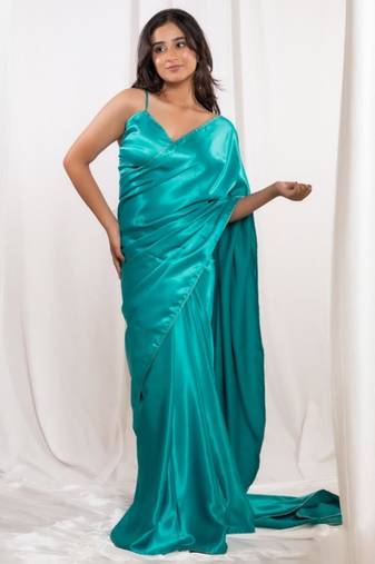 Aqua green cutdana border satin embroidered saree with stitched blouse