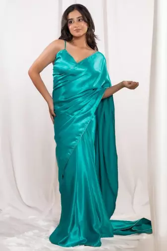 Aqua green cutdana border satin embroidered saree with stitched blouse