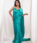 Aqua green cutdana border satin embroidered saree with stitched blouse