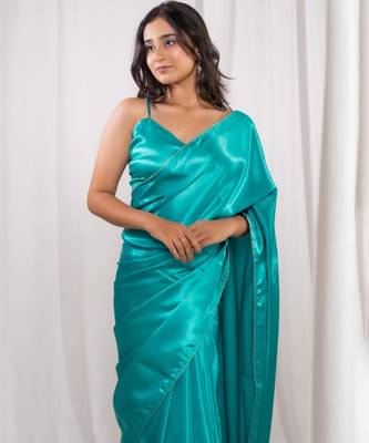 aqua green cutdana border satin embroidered saree with stitched blouse 2