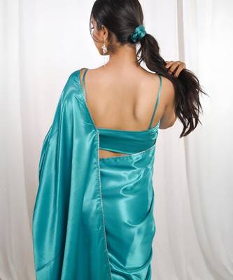 aqua green cutdana border satin embroidered saree with stitched blouse 4