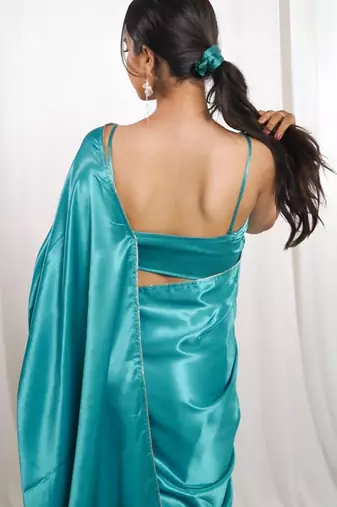 aqua green cutdana border satin embroidered saree with stitched blouse