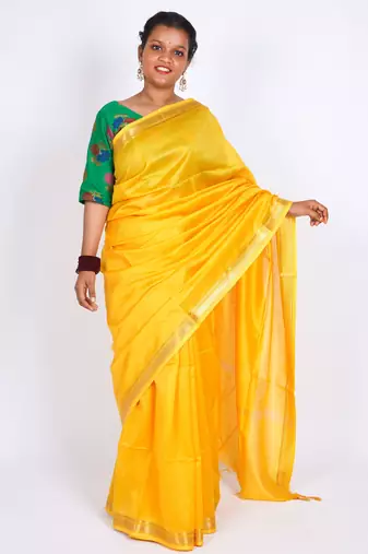 yellow gold zari, maheshwari work tusser silk blend bhagalpuri ethnic saree with unstitched blouse