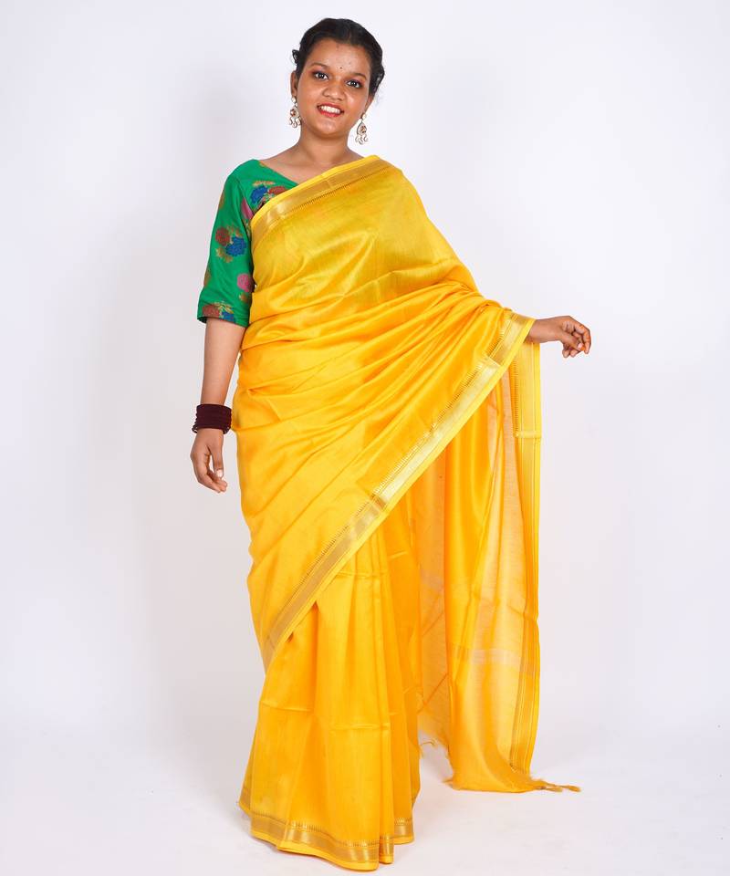 yellow gold zari, maheshwari work tusser silk blend bhagalpuri ethnic saree with unstitched blouse