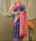 blue & pink zari work kota doria kota doria ethnic saree with unstitched blouse