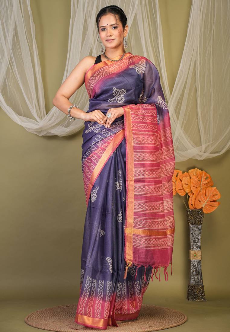 blue & pink zari work kota doria kota doria ethnic saree with unstitched blouse