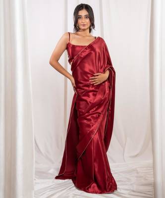 red cutdana border satin embroidered saree with stitched blouse 1