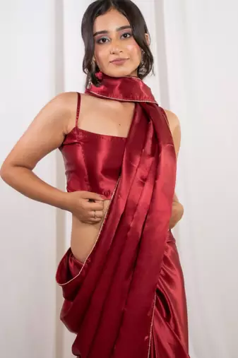 red cutdana border satin embroidered saree with stitched blouse