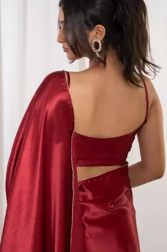 red cutdana border satin embroidered saree with stitched blouse
