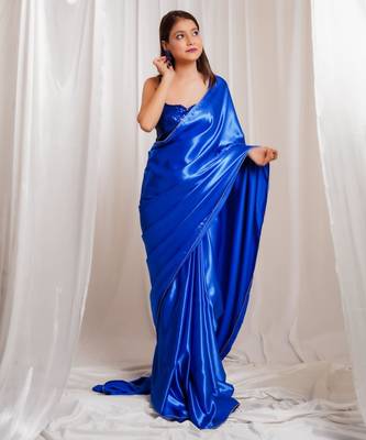 Oceanic opulence royal blue cutdana border satin embroidered saree with stitched sequin blouse 1