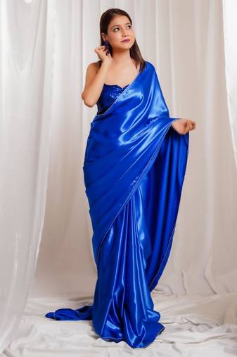 Oceanic opulence royal blue cutdana border satin embroidered saree with stitched sequin blouse