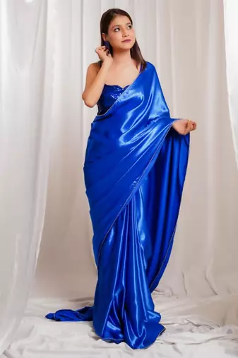 Oceanic opulence royal blue cutdana border satin embroidered saree with stitched sequin blouse