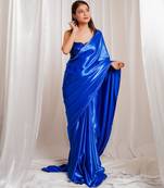 Oceanic opulence royal blue cutdana border satin embroidered saree with stitched sequin blouse
