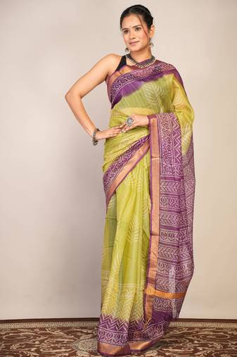 green & violet zari work kota doria kota doria ethnic saree with unstitched blouse