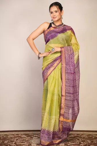 green & violet zari work kota doria kota doria ethnic saree with unstitched blouse
